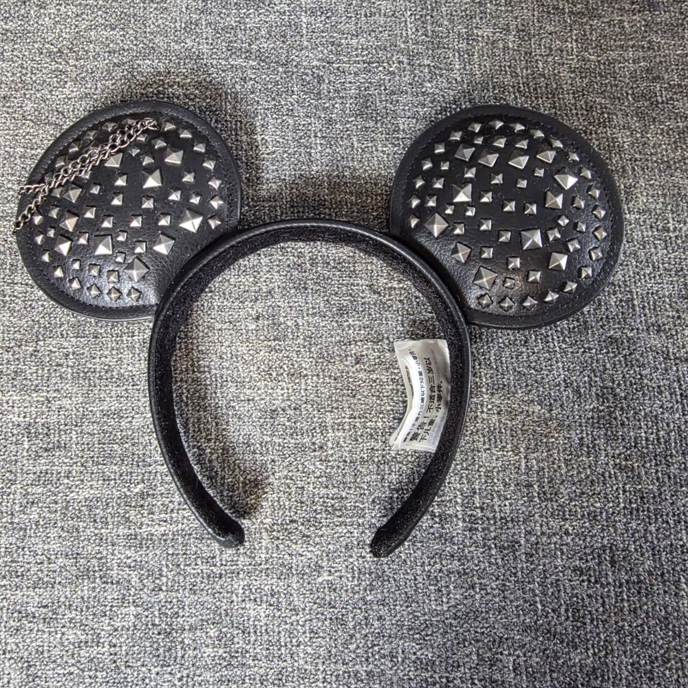 Disney Parks Mickey Mouse Ears Headband Black Faux Leather Studded Chain 2021